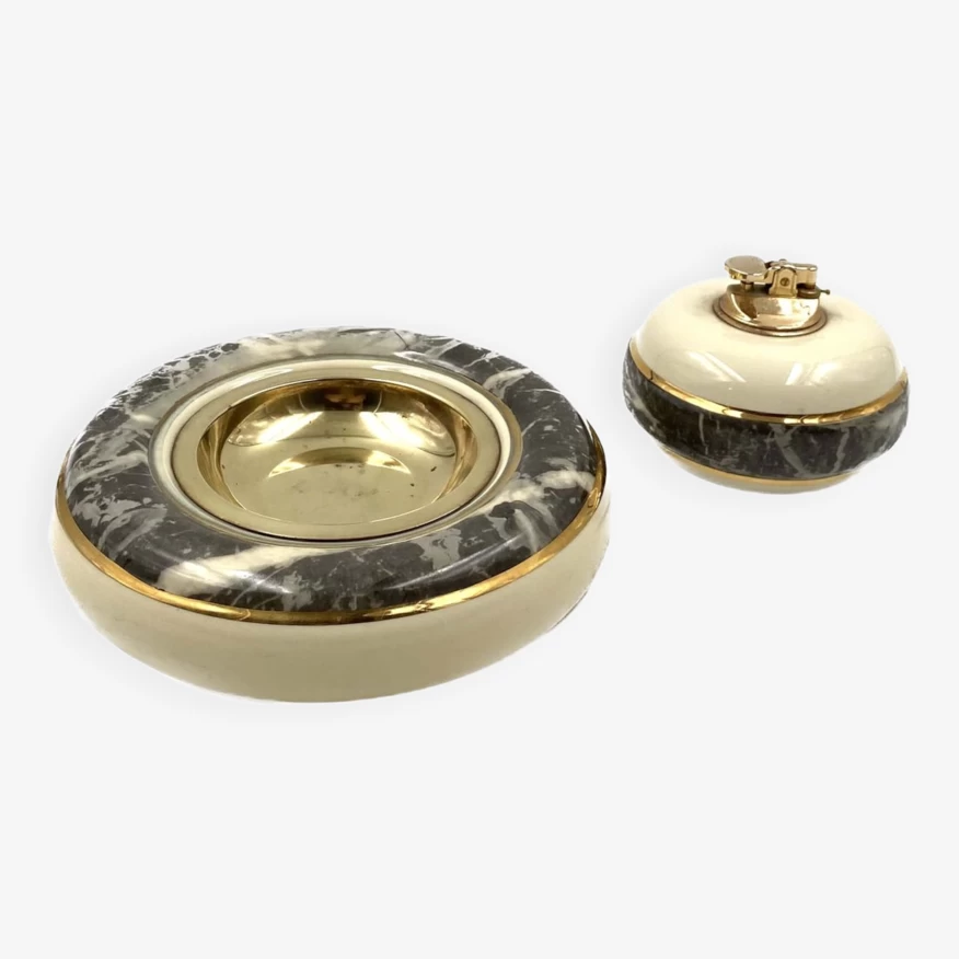 Cendrier Marbré Et Briquet De Table, Tommaso Barbi B Ceramiche, Vers 1970 3 Cendrier Marbré Et Briquet De Table, Tommaso Barbi B Ceramiche, Vers 1970