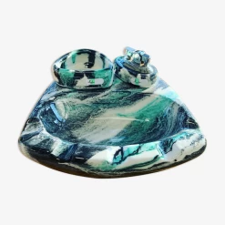 Cendrier En Céramique émaillée Composé De Trois Pièces Dont Un Briquet Rechargeable Vintage