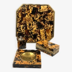 Smoking Set, Plateau En Laiton Et Bois, Cendrier, Briquet De Table Et Boîte à Cigares, Italie 1970