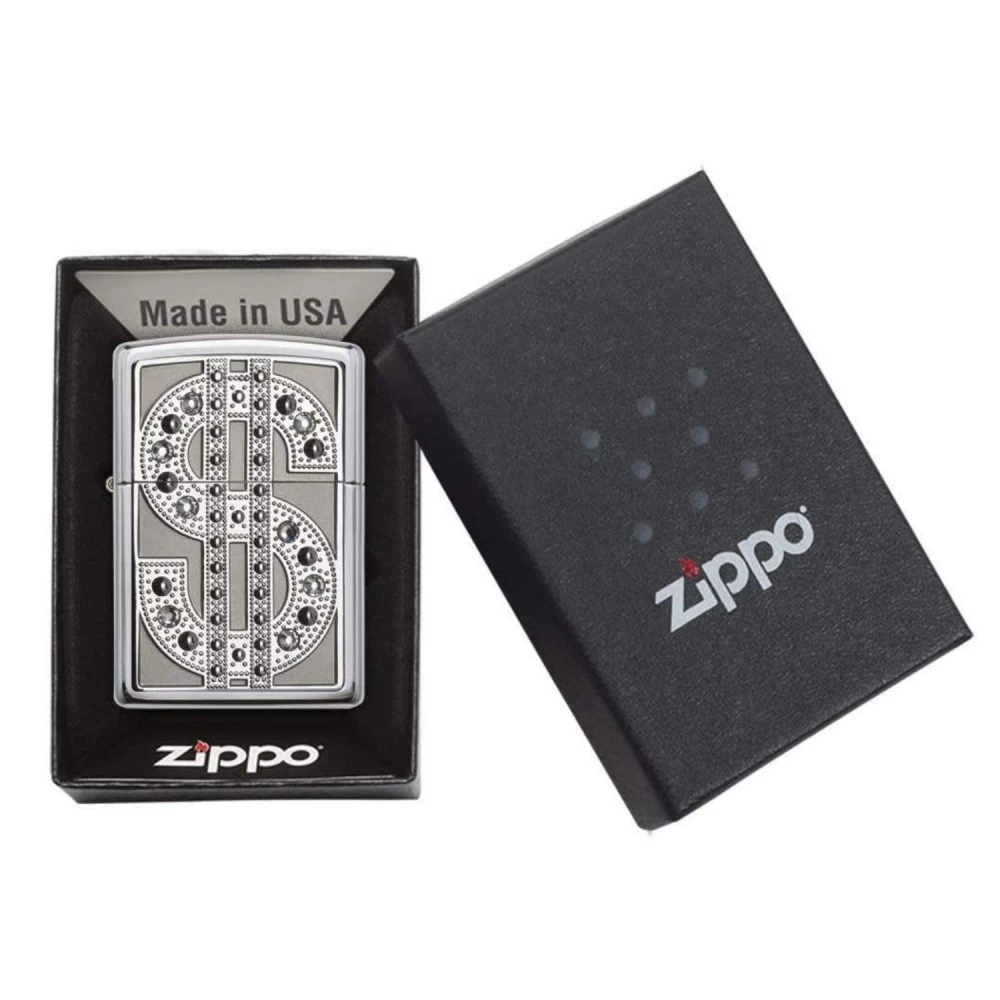 Zippo Briquet Dollar Chrome Poli Avec Cristaux 4 Zippo Briquet Dollar Chrome Poli Avec Cristaux – Image 2